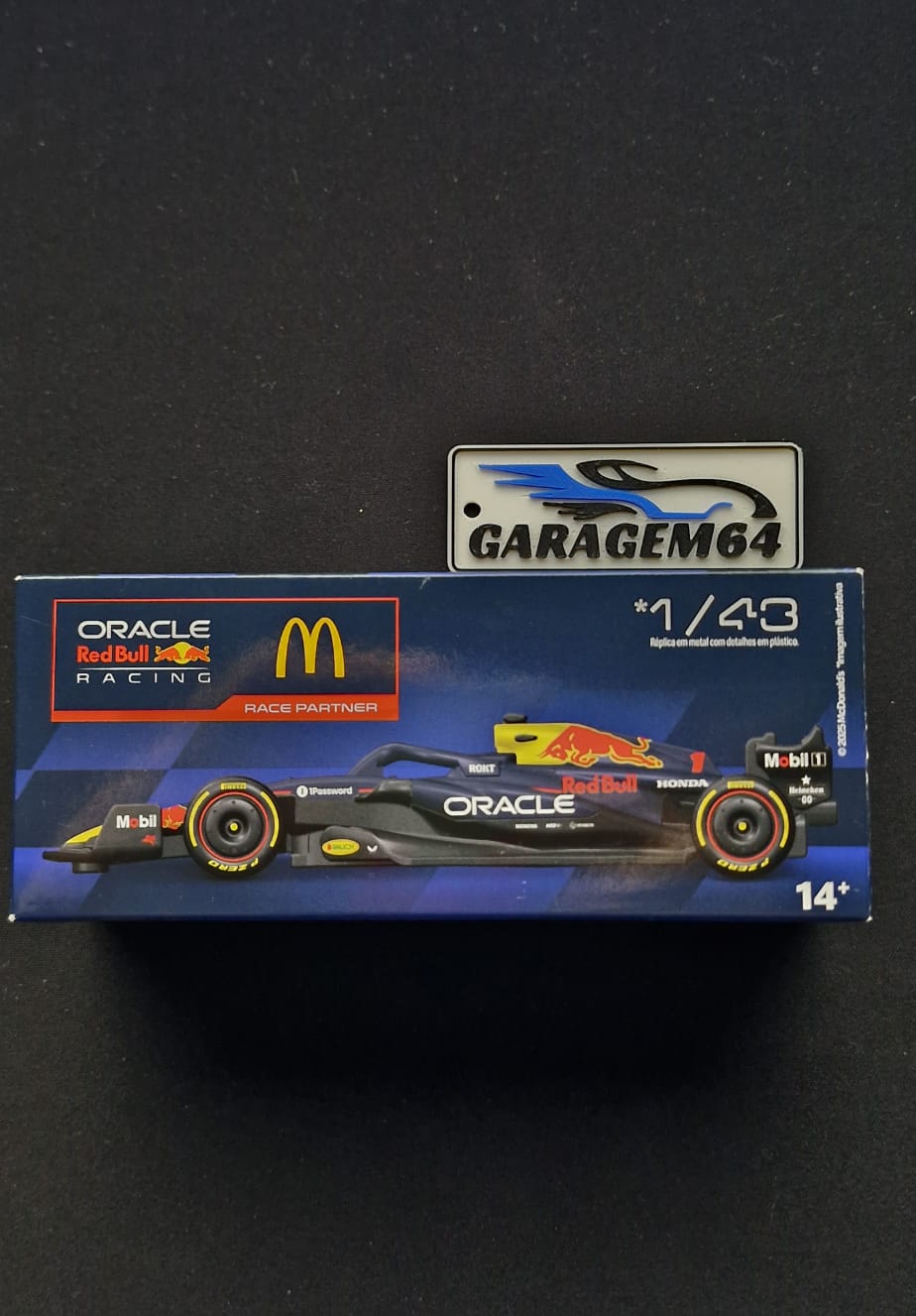 Miniatura colecionável da Fórmula 1 Oracle Red Bull Racing em escala 1:43 com pintura McDonald’s, acabamento premium e apelo forte para colecionadores